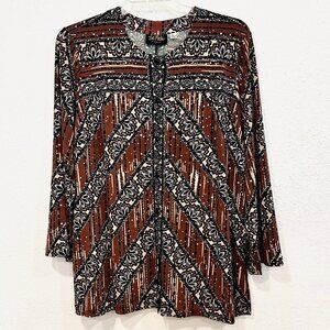 Bob Mackie Wearable Art Button Front Stretch Top Sequins MultiColor EUC Size XL